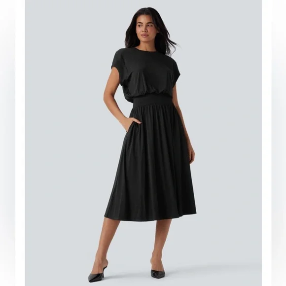 NWT Halara ($94.95) Black Tummy Control Batwing Flowy Midi Work Dress w/ Pockets - Picture 2 of 11